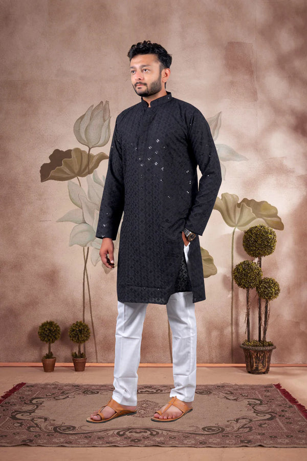 Black Embroidered Cotton Kurta