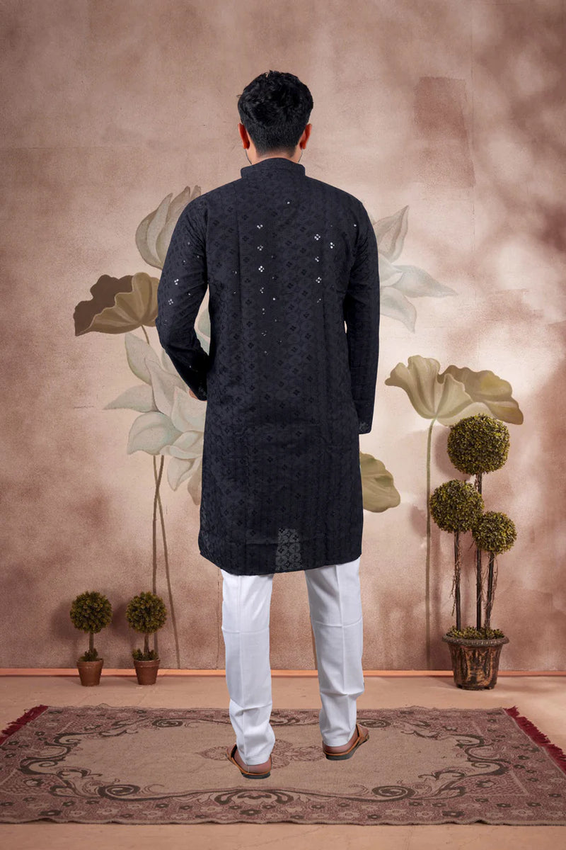 Black Embroidered Cotton Kurta