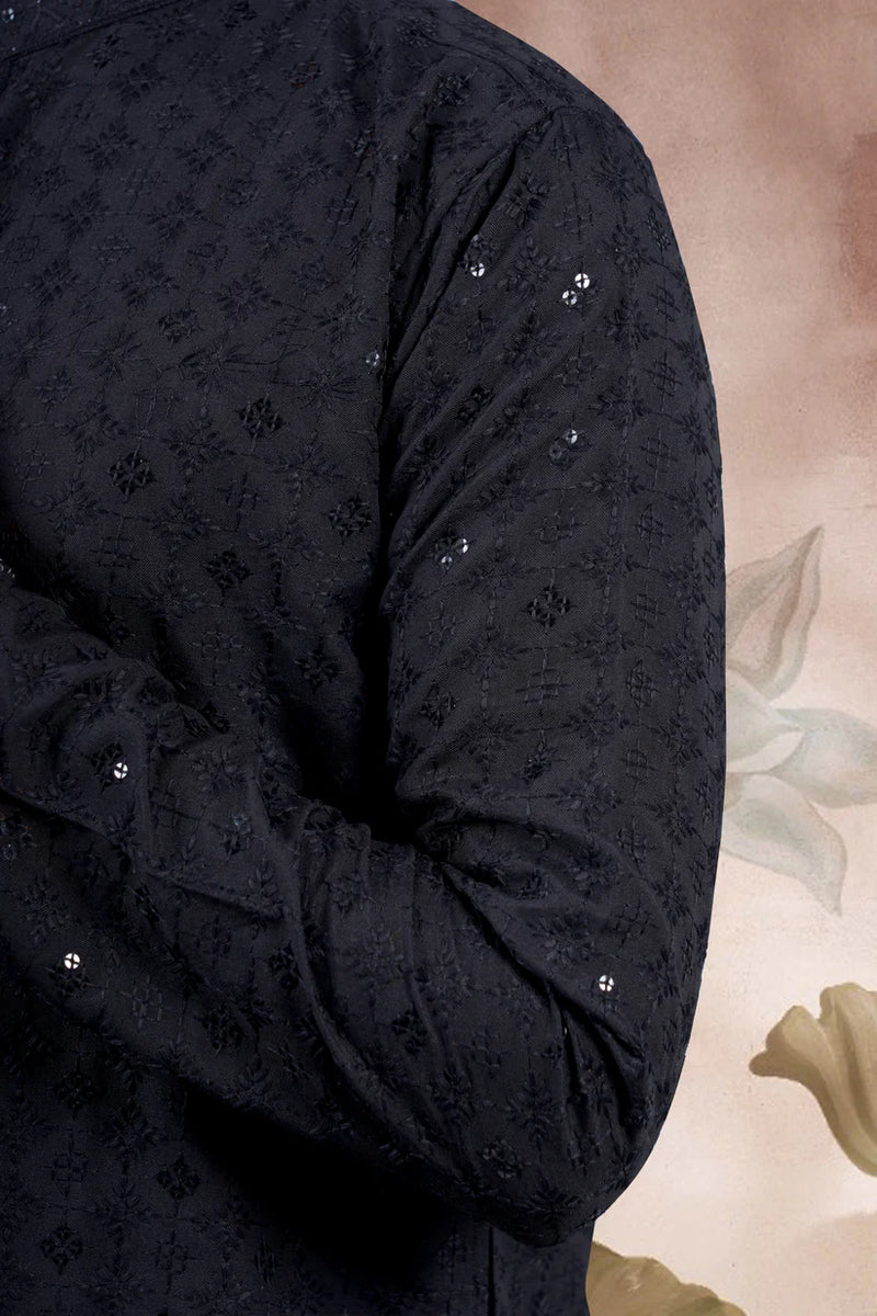Black Embroidered Cotton Kurta