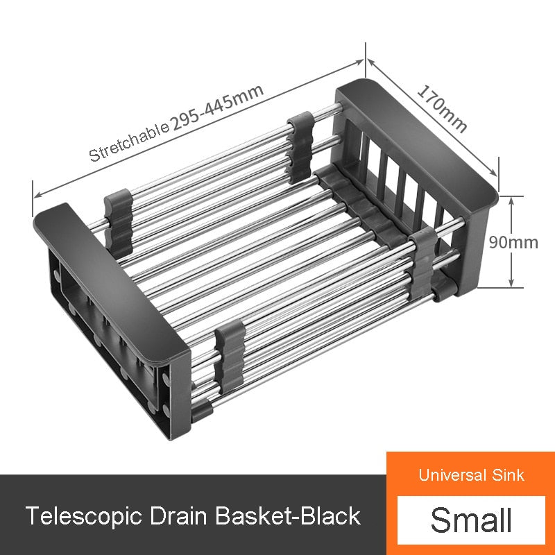 HASHONE Adjustable Stainless Steel Drainer Basket Drain Tray for Dish Vegetable Fruit, On Counter Dish Rack or in Sink Over Sink Kitchen Basket Dish Drying Rack