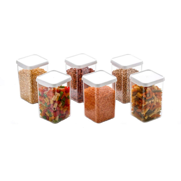 HASHONE Plastic Square Kitchen Storage Container Jar Set, Clear, White ( 1100 ML )