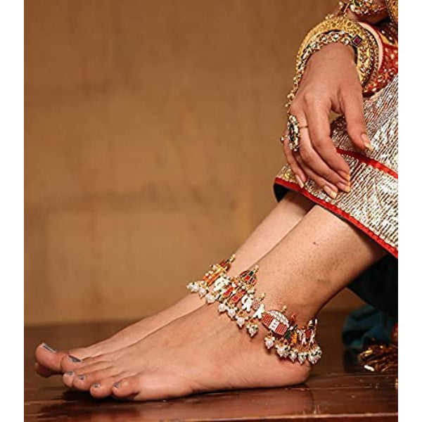 HASHONE Gold-Plated Traditional Dulhan Bridal Rajasthani Rajputi Doli Baraat Payal / Pajeb / Anklets with hanging pearls for Women and Girls