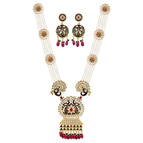 Rani Necklace | Pearl Kundan Red Green Peacock Long Rani Haar Necklace Jewellery (Multicolor)