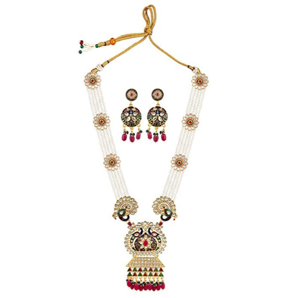 Rani Necklace | Pearl Kundan Red Green Peacock Long Rani Haar Necklace Jewellery (Multicolor)