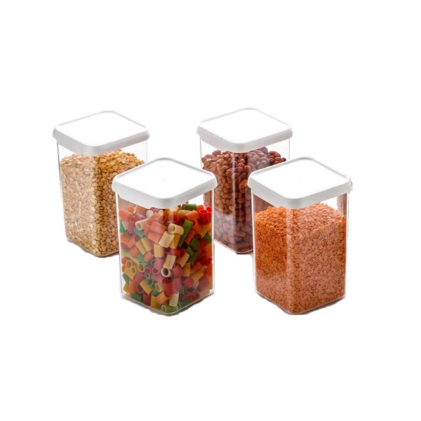 HASHONE Plastic Square Kitchen Storage Container Jar Set, Clear, White ( 1100 ML )