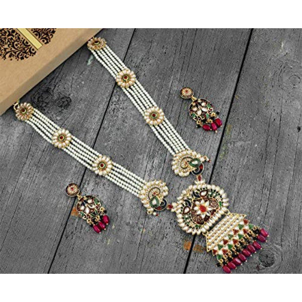 Rani Necklace | Pearl Kundan Red Green Peacock Long Rani Haar Necklace Jewellery (Multicolor)