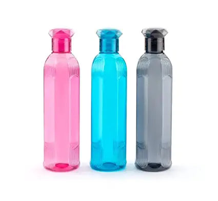 HASHONE Water Bottles Shape Plastic Water Bottle With Square Cap | Pack Of 3 Round Shape Water Bottle For Gym, School, Office | Multicolor Water Bottle For Home Set of 3 Multicolor, 1000 ml