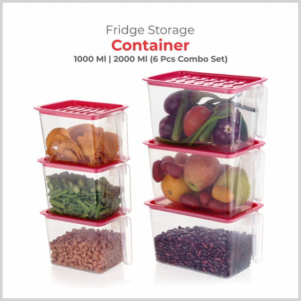 HASHONE Plastic Storage Container | Refrigerator Food Storage Container Square Handle with Lid - 1000 ML & 2000 ML Plastic Fridge Container ( Pack of 3 ) (Red)