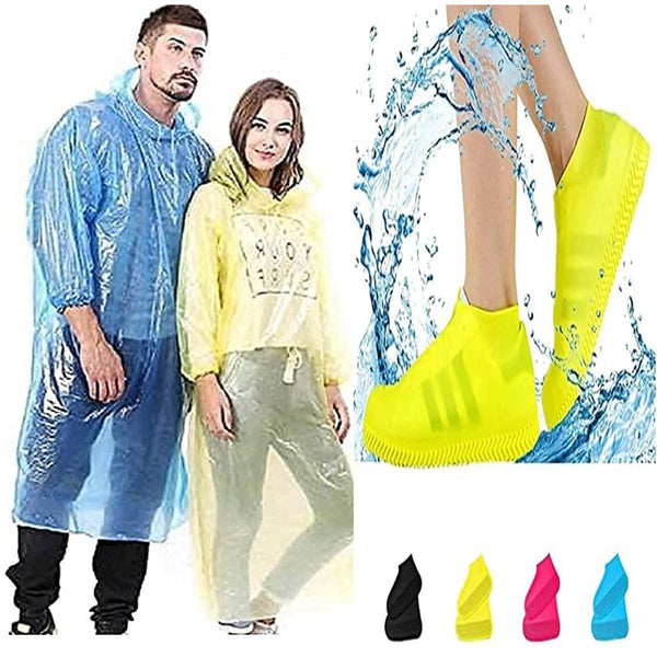 HASHONE Rain card Disposable pocket size unisex rain coat | 100% waterproof Pack Of 3 Raincard and Pack Of 1 Non-Slip Silicone Rain Shoe Cover, Waterproof Reusable Shoe cover for men