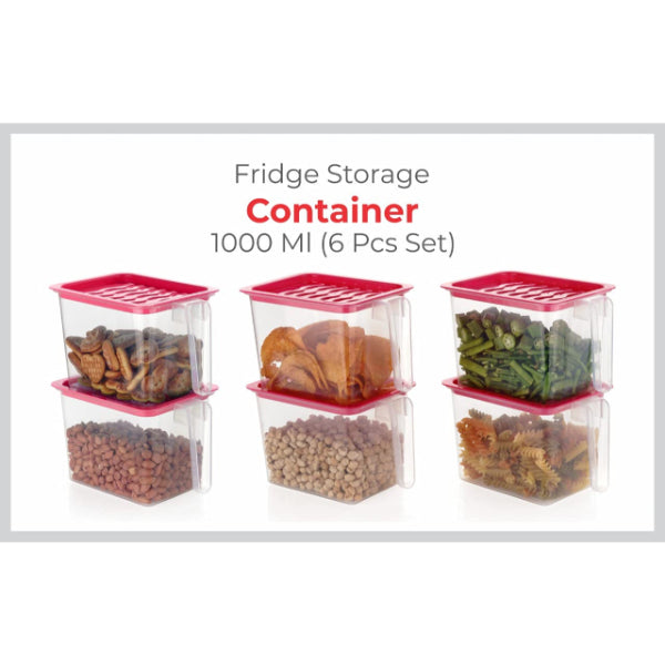 HASHONE Plastic Fridge Storage Refrigerator Food Storage Container Square Handle - with Lid ( Pack of 6 ) - 1000 ml (Red)