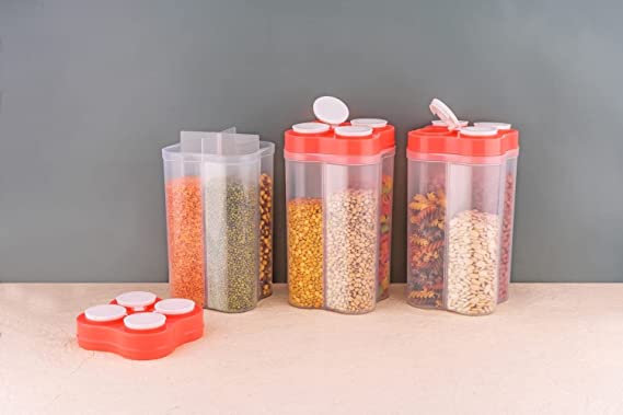 Container Set For Kitchen | Kitchen Container Sets | Airtight Transparent Plastic Lock Food Storage 4 Section Container Jar Set for Grocery, Fridge Container, Kitchen Storage Box & Container Set for Sugar, Coffee, Rice etc.