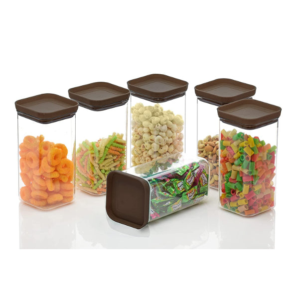 HASHONE Plastic Easy Flow Cereal Dispenser Storage Box Jar Food Rice Pasta Pulses Square Containers with Lid, Idle for Kitchen 1500 ml Push Up Container (Brown)