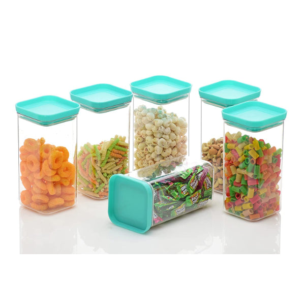 HASHONE Plastic Easy Flow Cereal Dispenser Storage Box Jar Food Rice Pasta Pulses Square Containers with Lid, Idle for Kitchen, Push Up Container - 1500 ML (Pack Of 6) (Green)