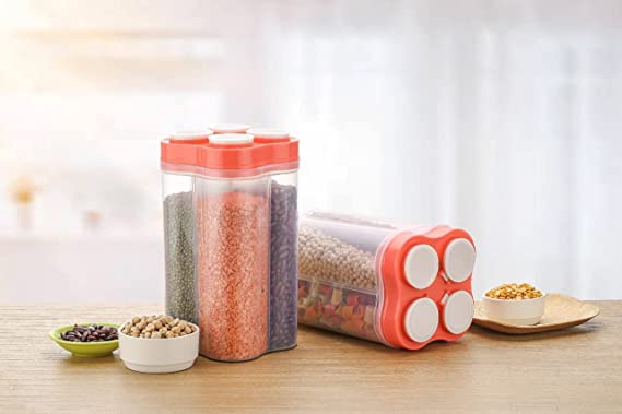 Container Set For Kitchen | Kitchen Container Sets | Airtight Transparent Plastic Lock Food Storage 4 Section Container Jar Set for Grocery, Fridge Container, Kitchen Storage Box & Container Set for Sugar, Coffee, Rice etc.