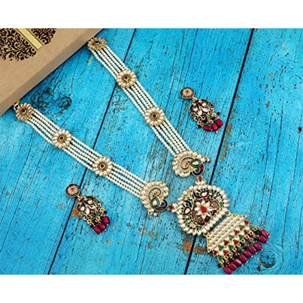 Rani Necklace | Pearl Kundan Red Green Peacock Long Rani Haar Necklace Jewellery (Multicolor)