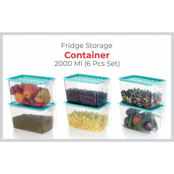 HASHONE Plastic Fridge Storage Refrigerator Food Storage Container Square Handle - with Lid (Green) ( Pack of 6 - 2000 ML)