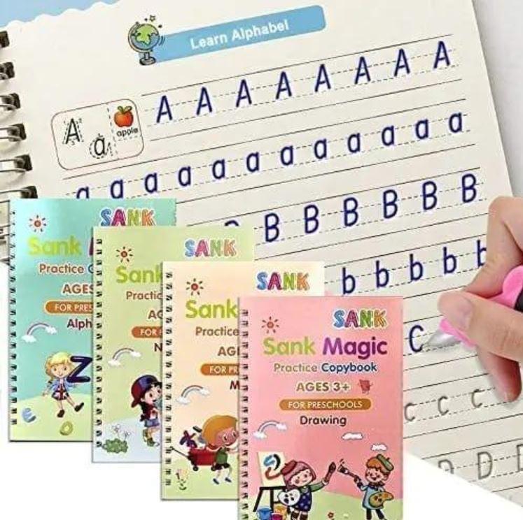 Magic Practice Book-Magic Calligraphy Copybook Set Reusable Writing Tool Simply Hand Lettering (4 Book + 10 Refill+1 Pen+1 Grip)