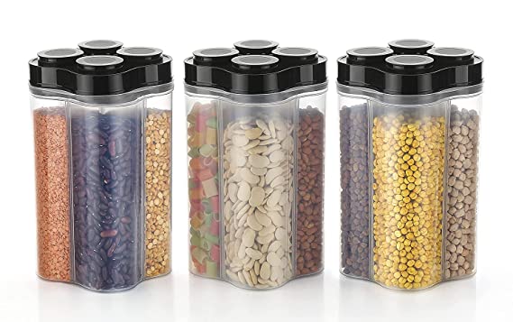 Container Set For Kitchen | Kitchen Container Sets | Airtight Transparent Plastic Lock Food Storage 4 Section Container Jar Set for Grocery, Fridge Container, Kitchen Storage Box & Container Set for Sugar, Coffee, Rice etc.