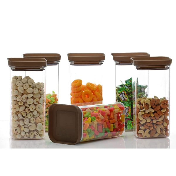 HASHONE Plastic Easy Flow Cereal Dispenser Storage Box Jar Food Rice Pasta Pulses Square Containers with Lid, Idle for Kitchen 1500 ml Push Up Container (Brown)