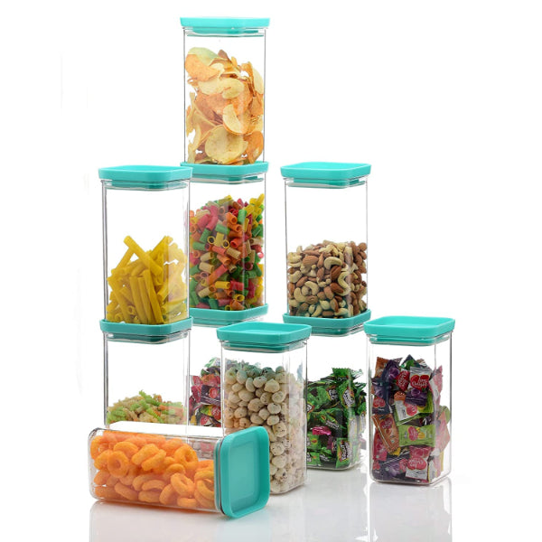 HASHONE Plastic Easy Flow Cereal Dispenser Storage Box Jar Food Rice Pasta Pulses Square Containers with Lid, Idle for Kitchen, Push Up Container - 1500 ML (Pack Of 6) (Green)