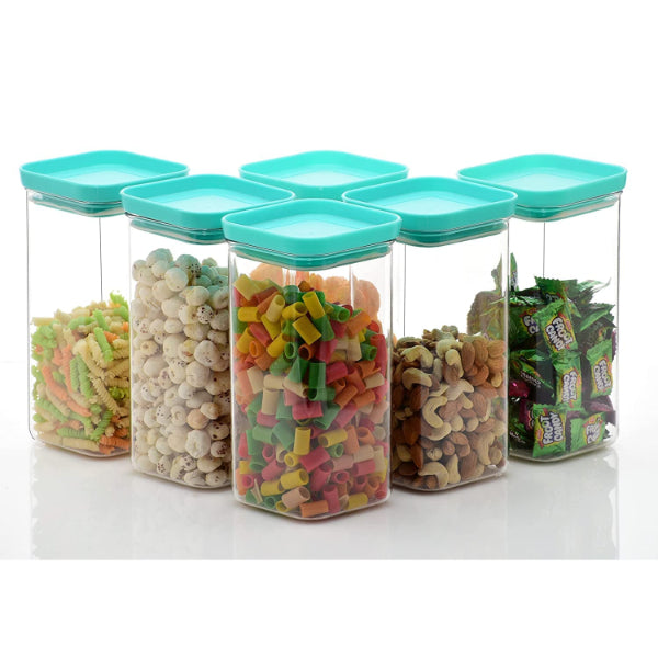 HASHONE Plastic Easy Flow Cereal Dispenser Storage Box Jar Food Rice Pasta Pulses Square Containers with Lid, Idle for Kitchen, Push Up Container - 1500 ML (Pack Of 6) (Green)