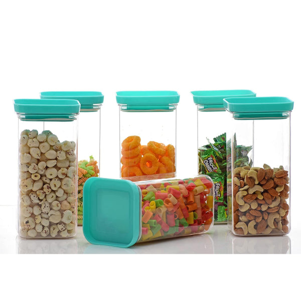 HASHONE Plastic Easy Flow Cereal Dispenser Storage Box Jar Food Rice Pasta Pulses Square Containers with Lid, Idle for Kitchen, Push Up Container - 1500 ML (Pack Of 6) (Green)