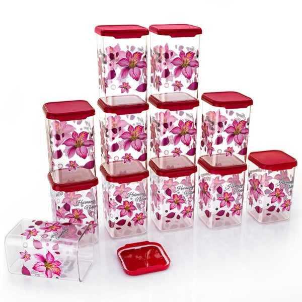 HASHONE Air Tight Floral Print Unbreakable Kitchen Containers Jar Set (Pack Of 12)