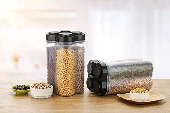 Container Set For Kitchen | Kitchen Container Sets | Airtight Transparent Plastic Lock Food Storage 4 Section Container Jar Set for Grocery, Fridge Container, Kitchen Storage Box & Container Set for Sugar, Coffee, Rice etc.