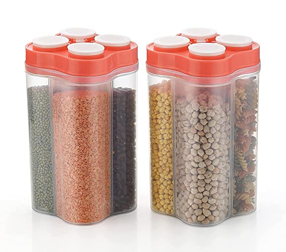 Container Set For Kitchen | Kitchen Container Sets | Airtight Transparent Plastic Lock Food Storage 4 Section Container Jar Set for Grocery, Fridge Container, Kitchen Storage Box & Container Set for Sugar, Coffee, Rice etc.