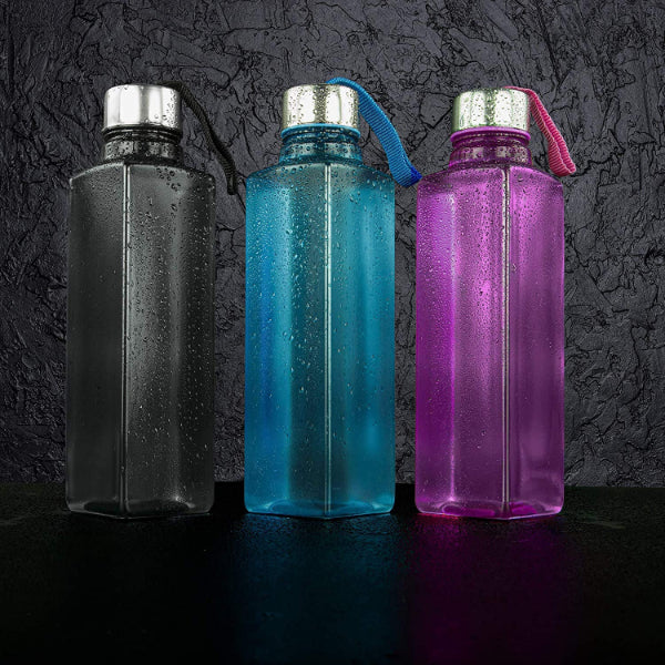 HASHONE Plastic, Polyethylene Terephthalate All New Square Shape Water Bottle 1L (Multicolor) - 6 Pieces