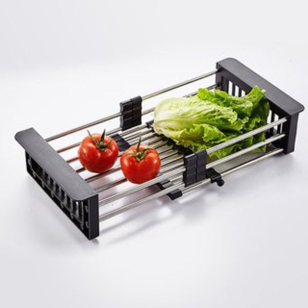 HASHONE Adjustable Stainless Steel Drainer Basket Drain Tray for Dish Vegetable Fruit, On Counter Dish Rack or in Sink Over Sink Kitchen Basket Dish Drying Rack