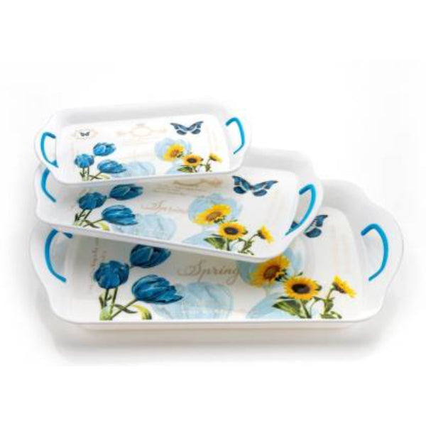 HASHONE Rectangular Shape Floral Printed Design Tray Set ( Pack of 3 ) (White)