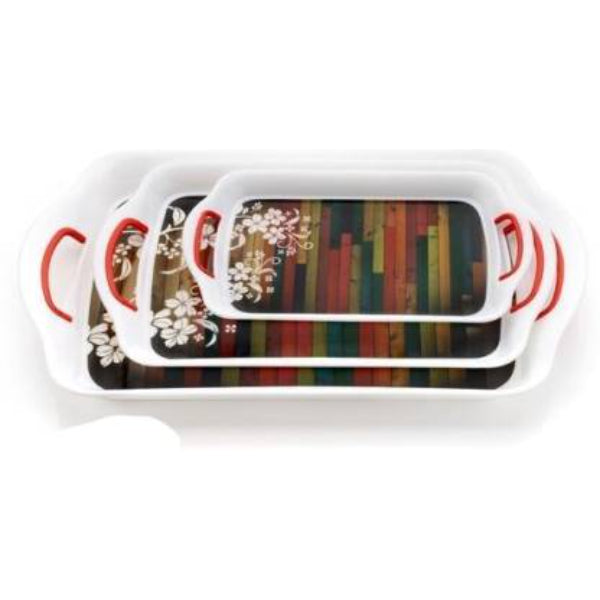 HASHONE Serving Tray Set with Rectangular Shape, Printed Design Tray (Pack of 3)